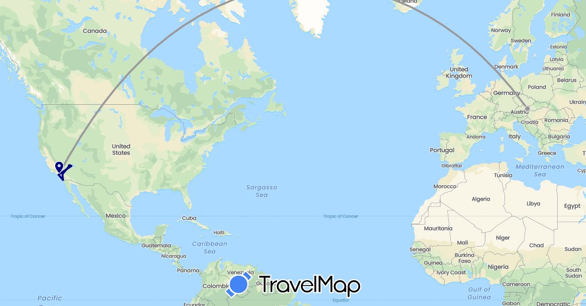 TravelMap itinerary: driving, plane in Austria, United States (Europe, North America)